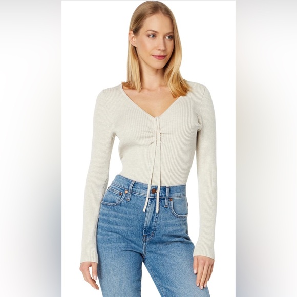 Madewell Women’s Ibiza V Neck Cinch Front Slim Long Sleeve Ribbed Pullover Sz XL - Picture 1 of 14